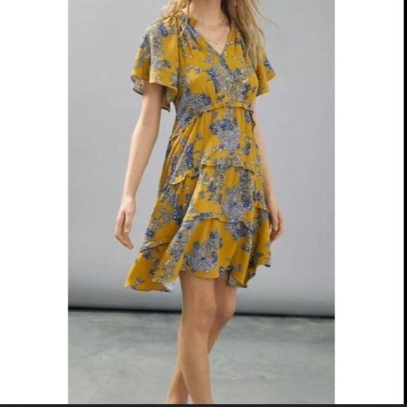 Anthropologie Boho Floral Midi Dress Mustard Yellow Blue Print Flutter Sleeve M - Picture 1 of 8